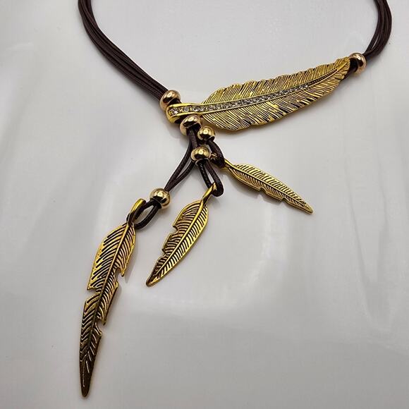 Gold Feather Boho Rhinestone Necklace - Picture 2 of 5